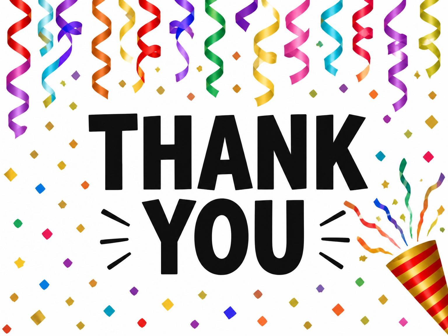 The matching thank-you card for the Colorful Confetti Streamer 65th Birthday invitation