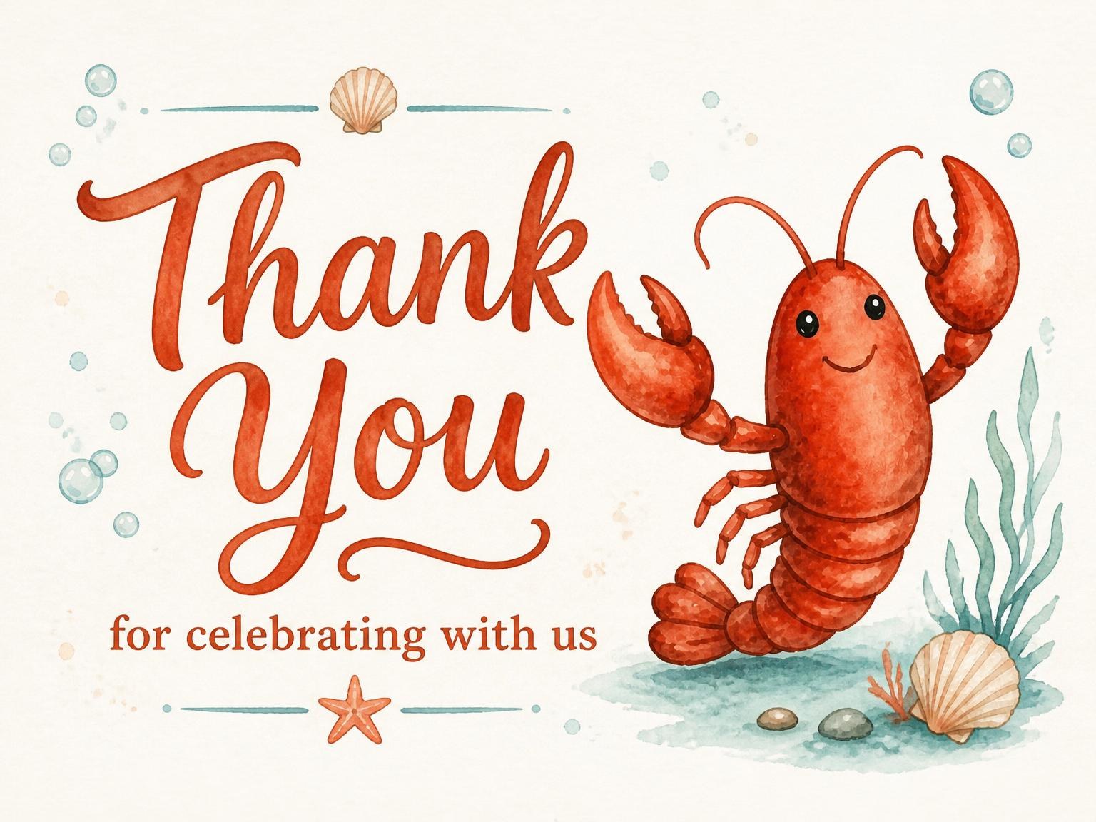 The matching thank-you card for the Watercolor Lobster Nautical 4th Birthday invitation