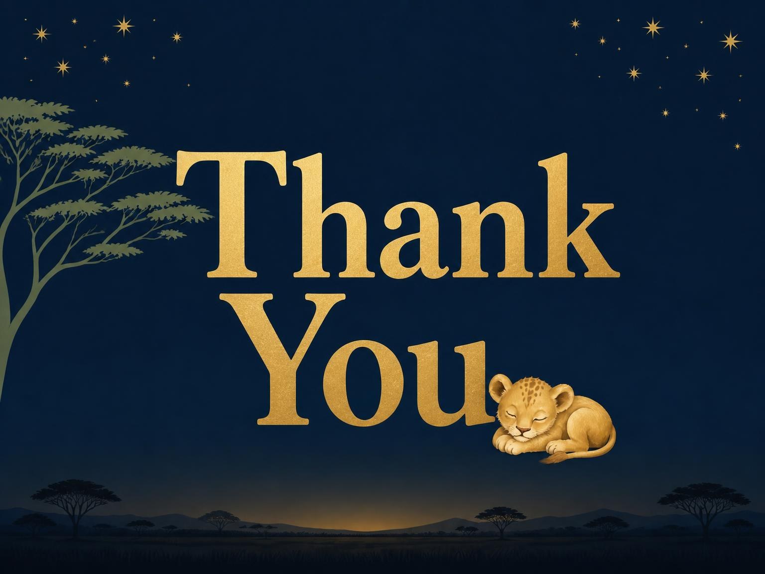 The matching thank-you card for the Navy Gold Lion Safari 1st Birthday invitation