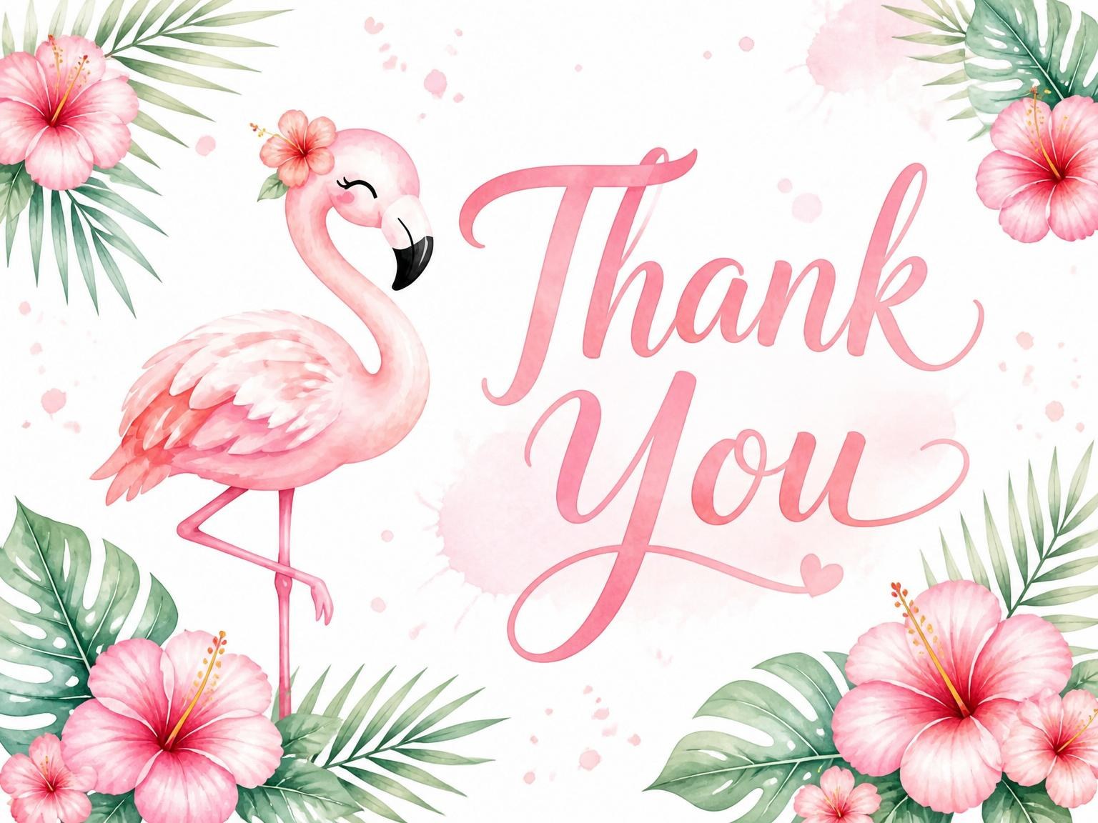 The matching thank-you card for the Watercolor Flamingo Tropical 6th Birthday invitation