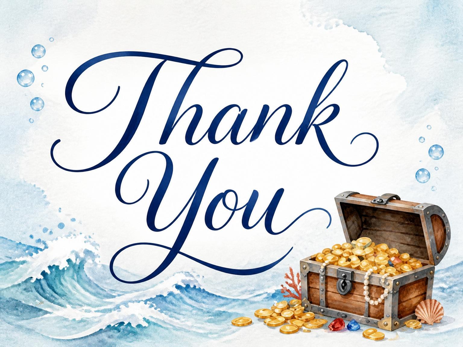 The matching thank-you card for the Watercolor Pirate Ship 4th Birthday Invitation invitation