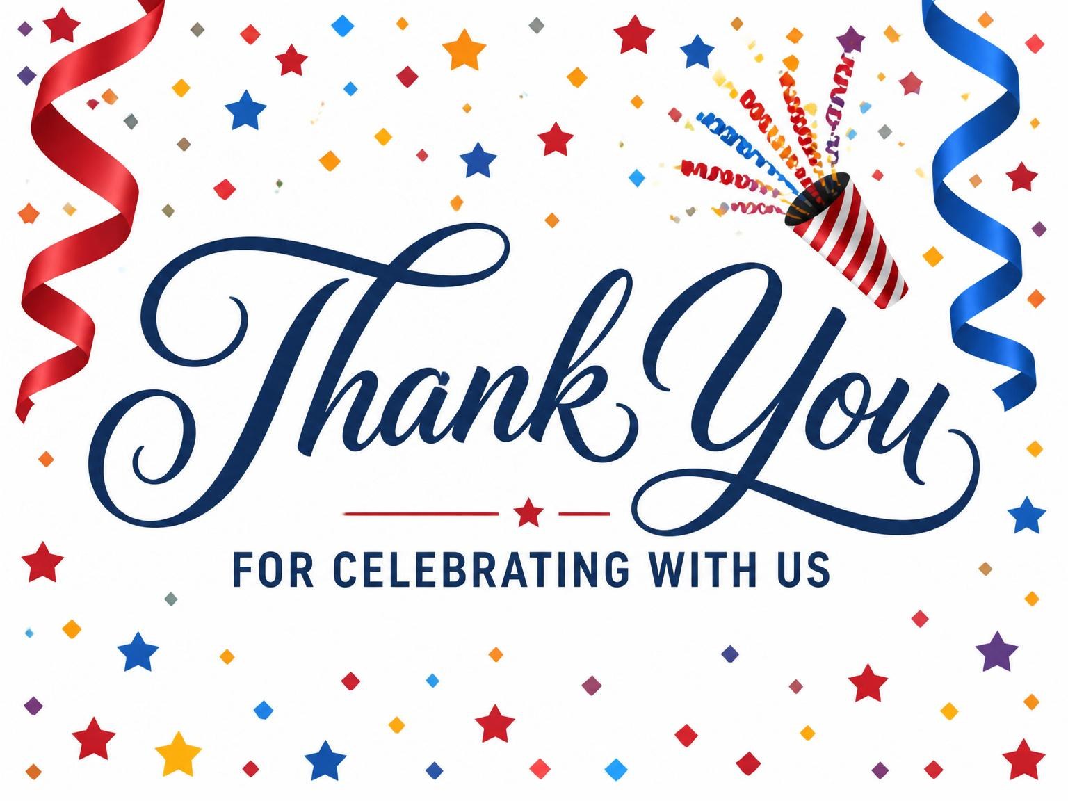 The matching thank-you card for the Red Blue Confetti 25th Birthday Party invitation