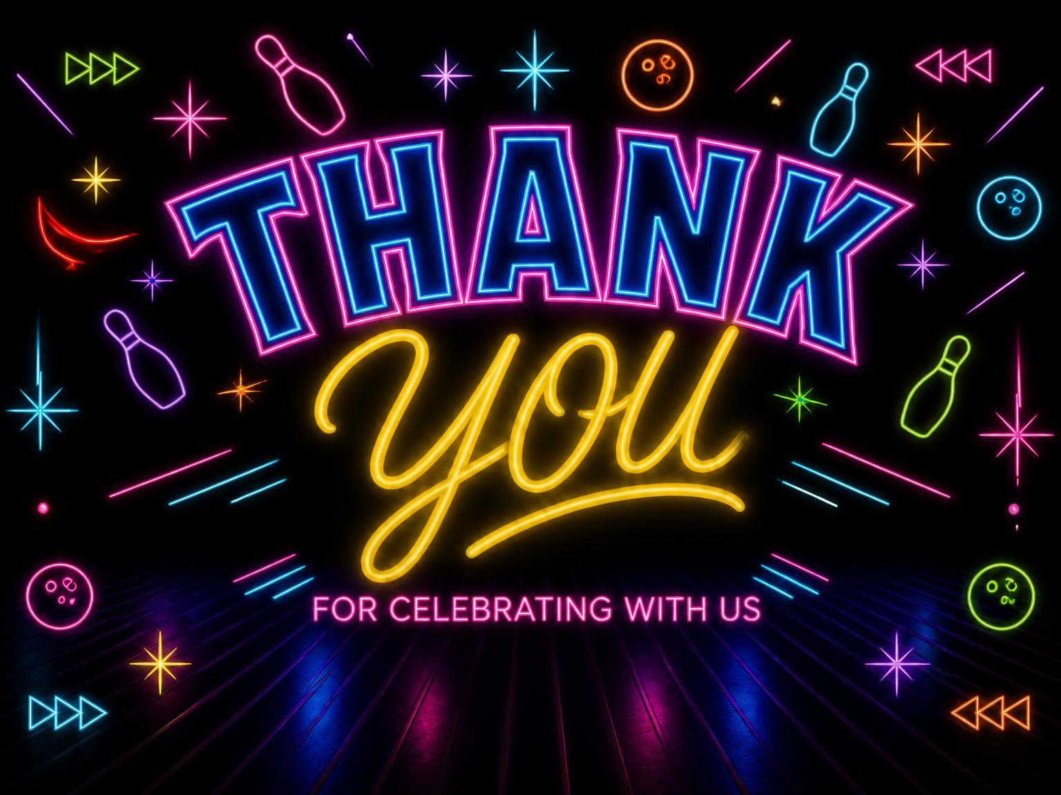 The matching thank-you card for the Neon Bowling Party 5th Birthday Invitation invitation