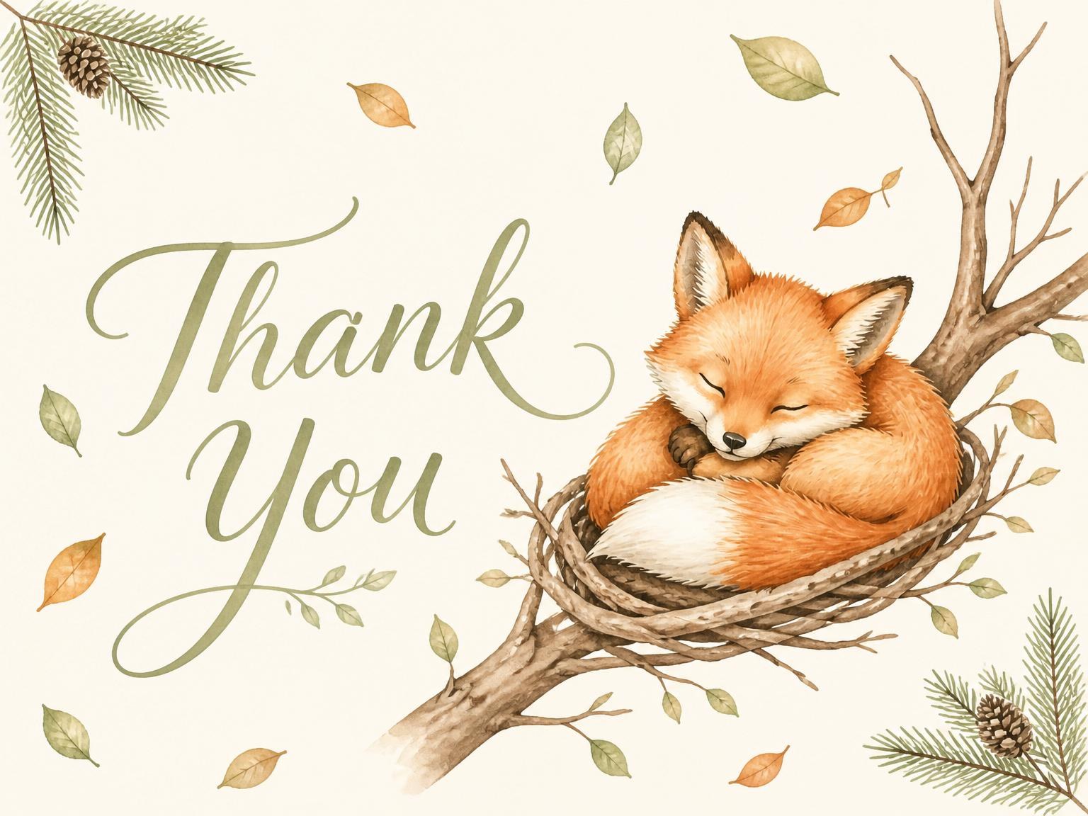 The matching thank-you card for the Watercolor Woodland Fox 1st Birthday invitation