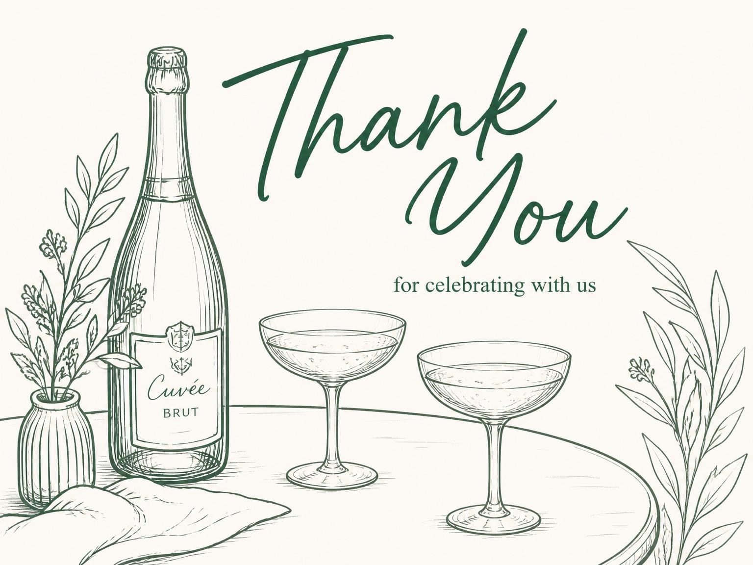 The matching thank-you card for the Green Ink Champagne 50th Birthday invitation