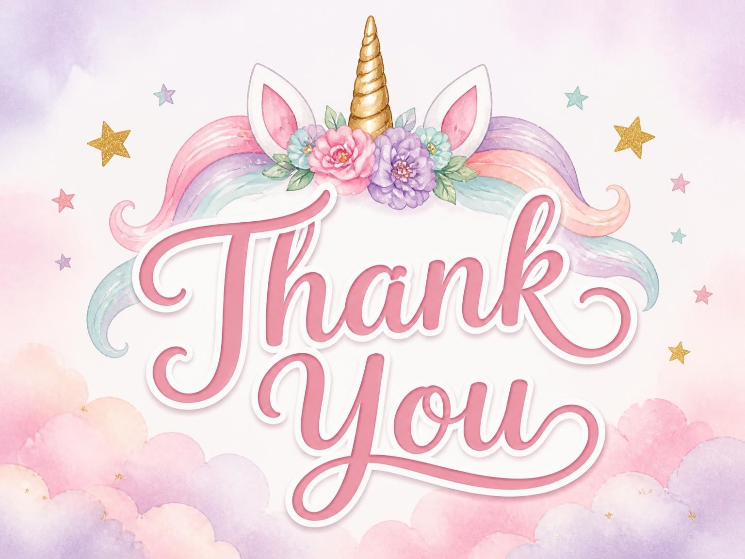 The matching thank-you card for the Pastel Watercolor Unicorn 5th Birthday Invitation invitation