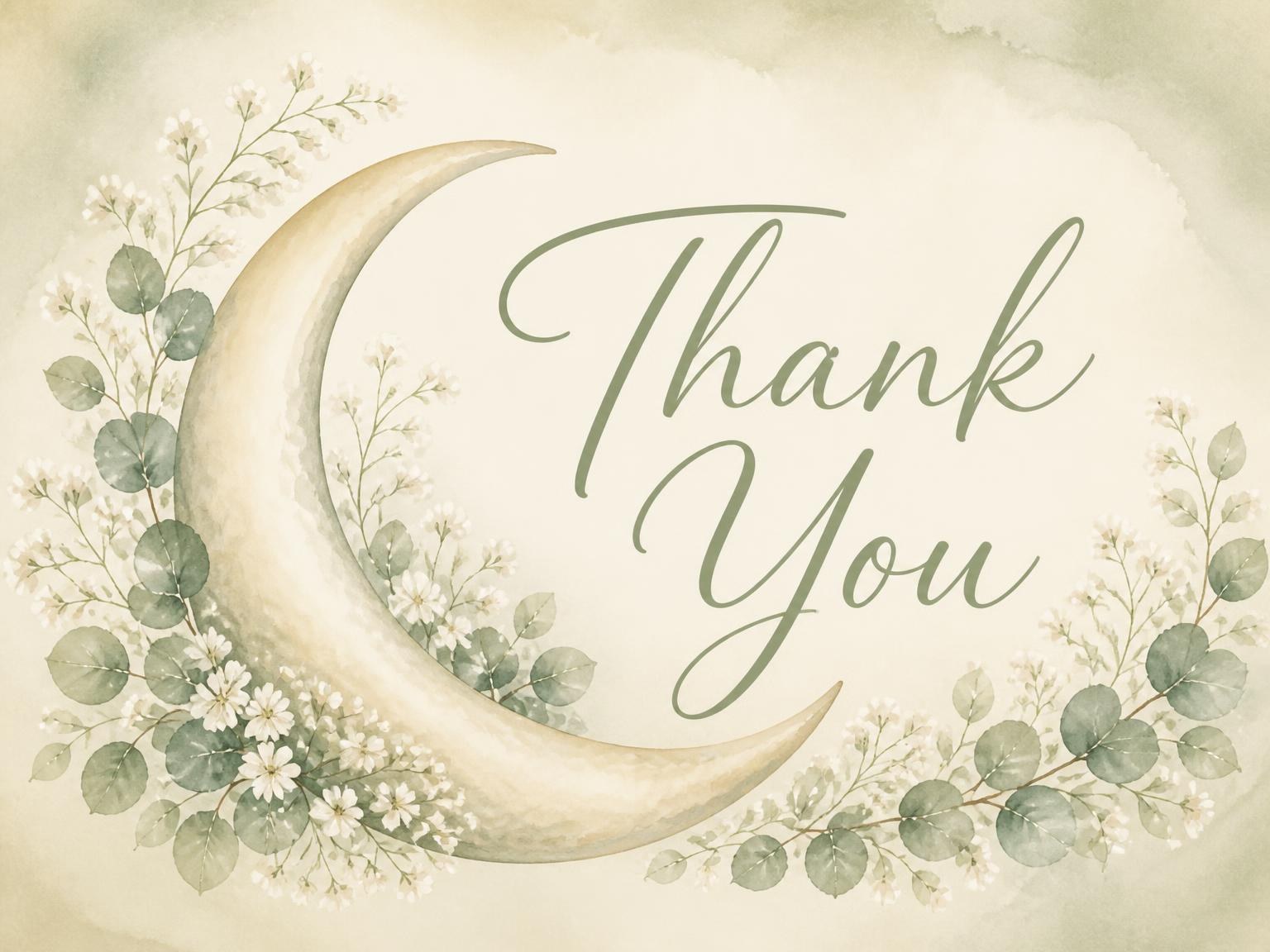 The matching thank-you card for the Watercolor Crescent Moon Sip and See invitation