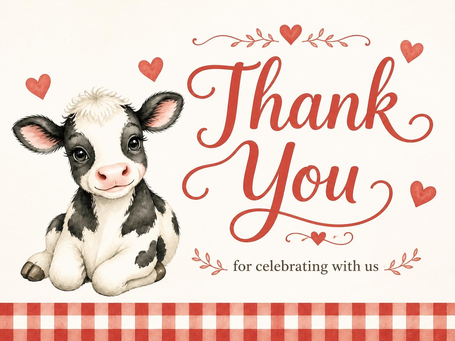 The matching thank-you card for the Red Gingham Cow 2nd Birthday invitation