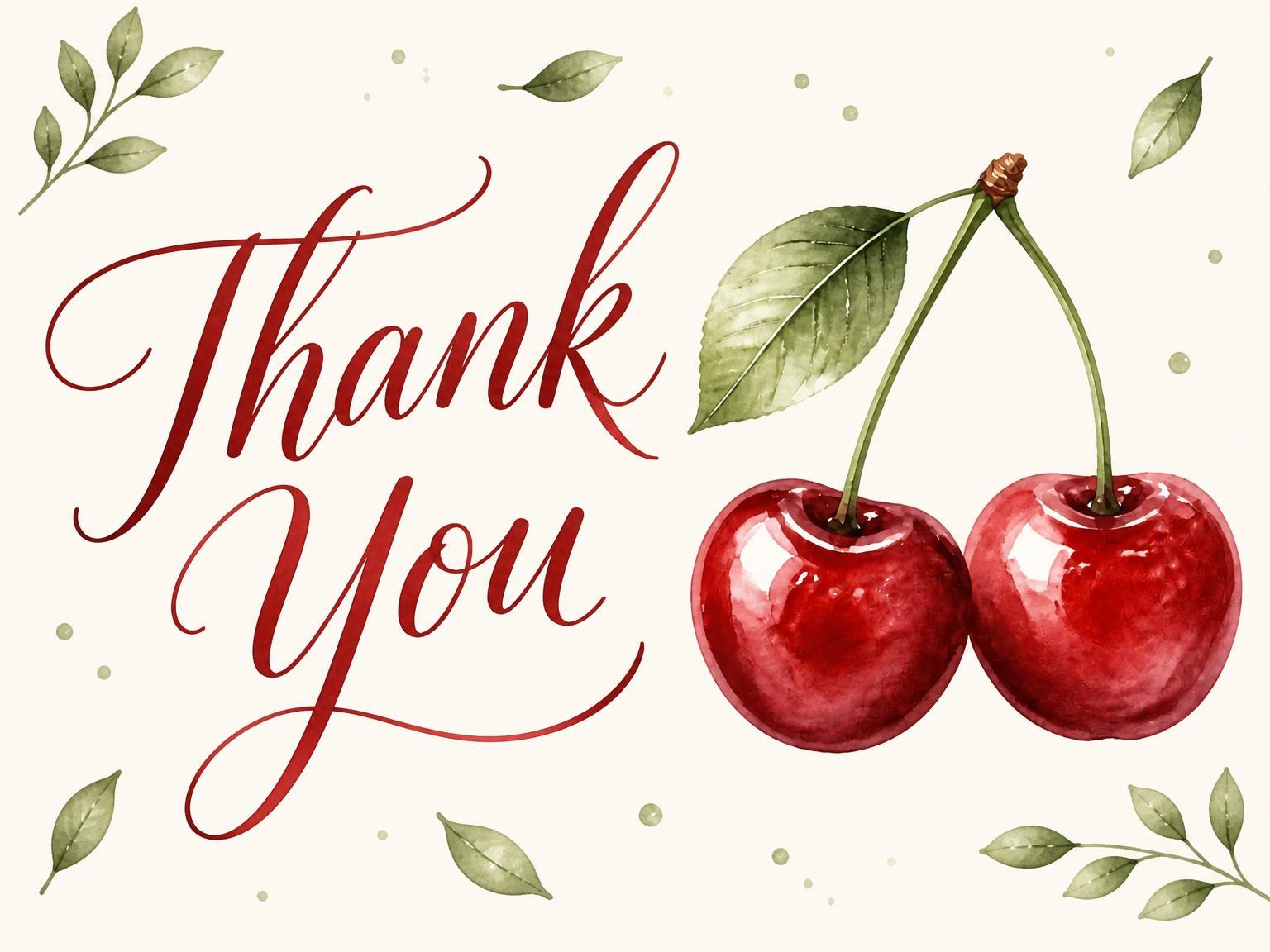 The matching thank-you card for the Watercolor Cherry 1st Birthday Invitation invitation