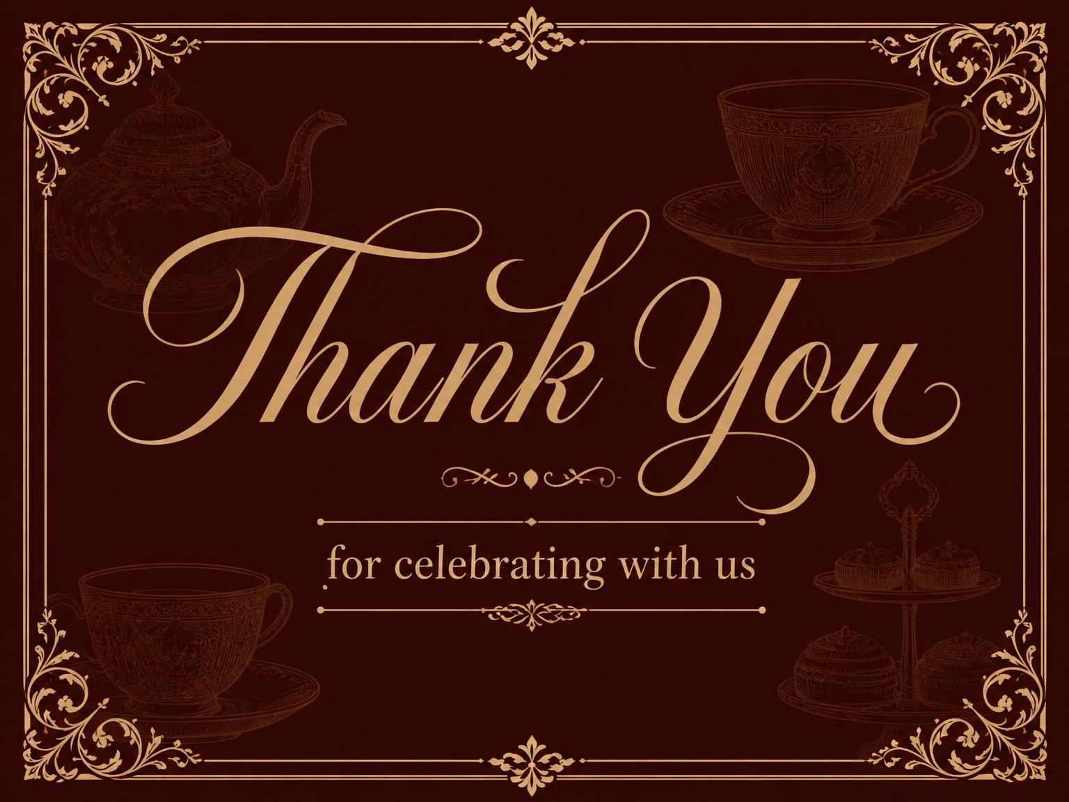 The matching thank-you card for the Burgundy Gold Filigree Tea Birthday invitation