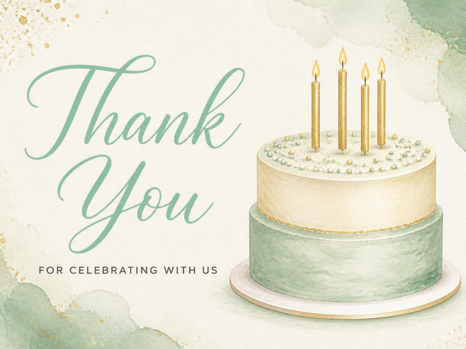 The matching thank-you card for the Sage Watercolor Cake 40th Birthday invitation