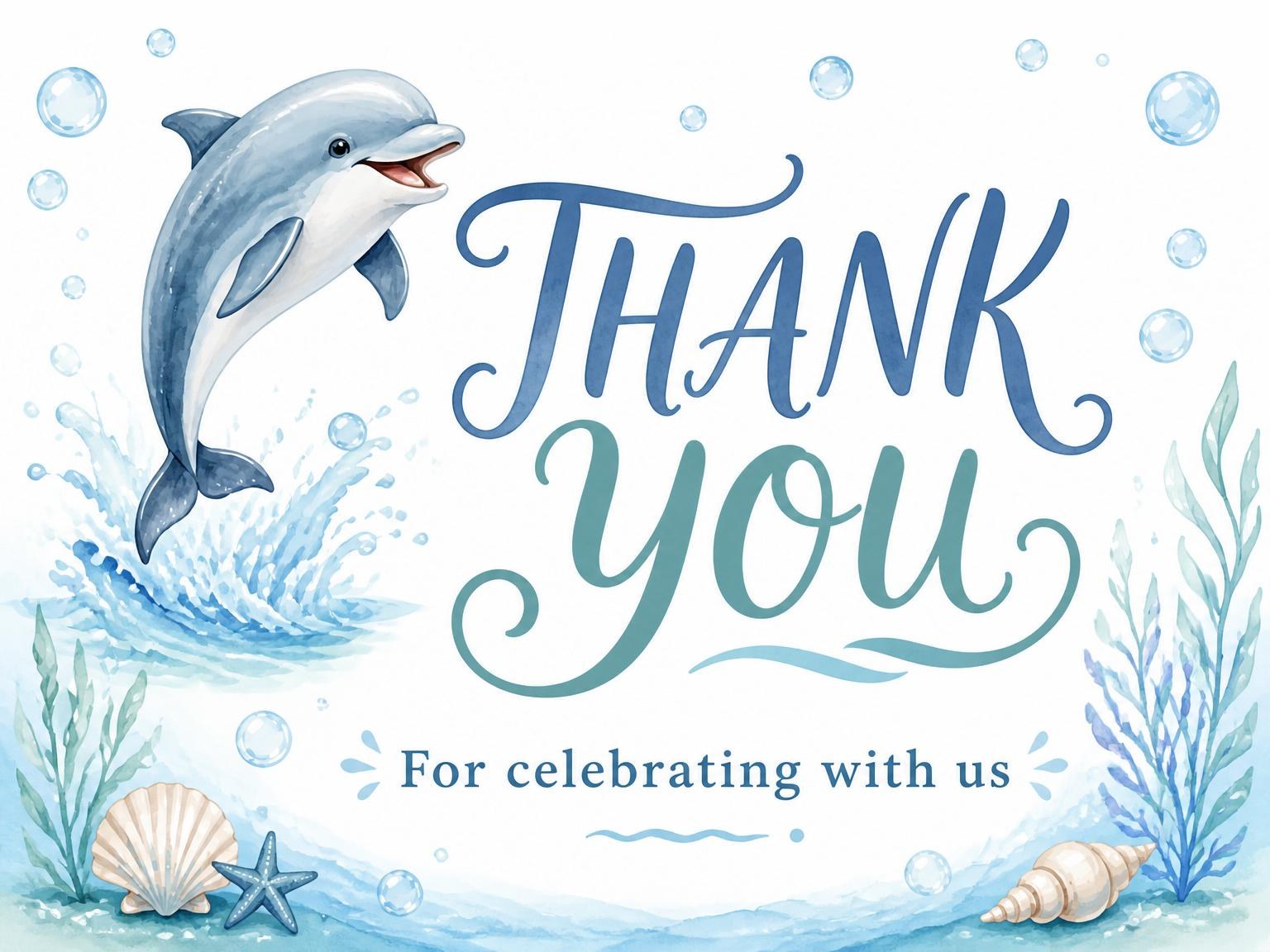 The matching thank-you card for the Watercolor Dolphin Ocean 5th Birthday invitation