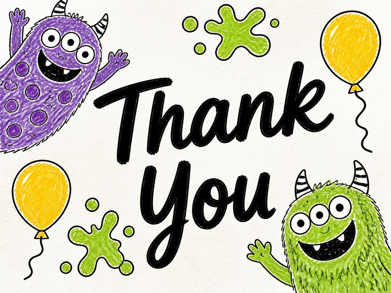 The matching thank-you card for the Crayon Monster Illustration 8th Birthday Party invitation