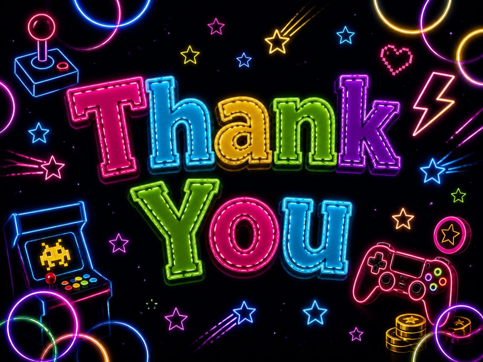 The matching thank-you card for the Neon Arcade 7th Birthday Invitation invitation