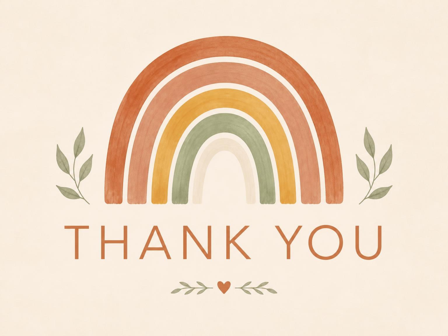 The matching thank-you card for the Terracotta Rainbow Baby Shower Invitation invitation