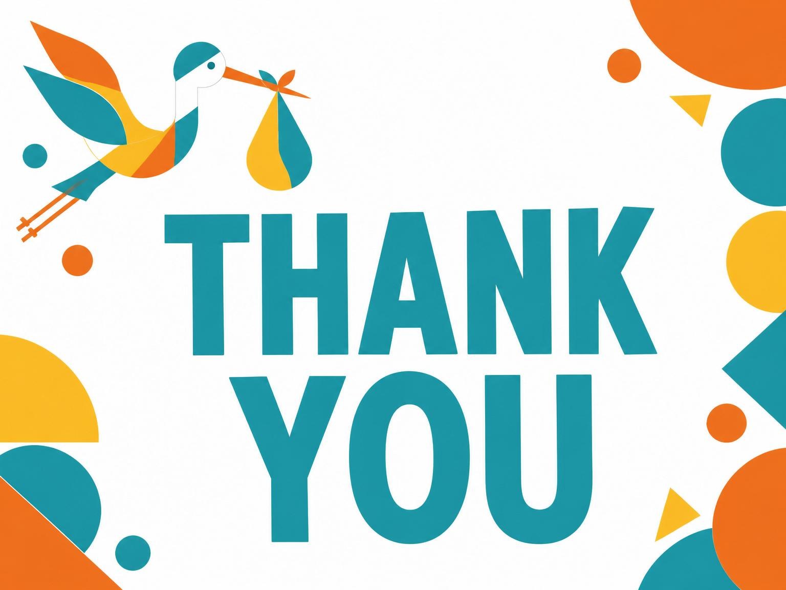 The matching thank-you card for the Teal and Orange Geometric Stork Shower invitation