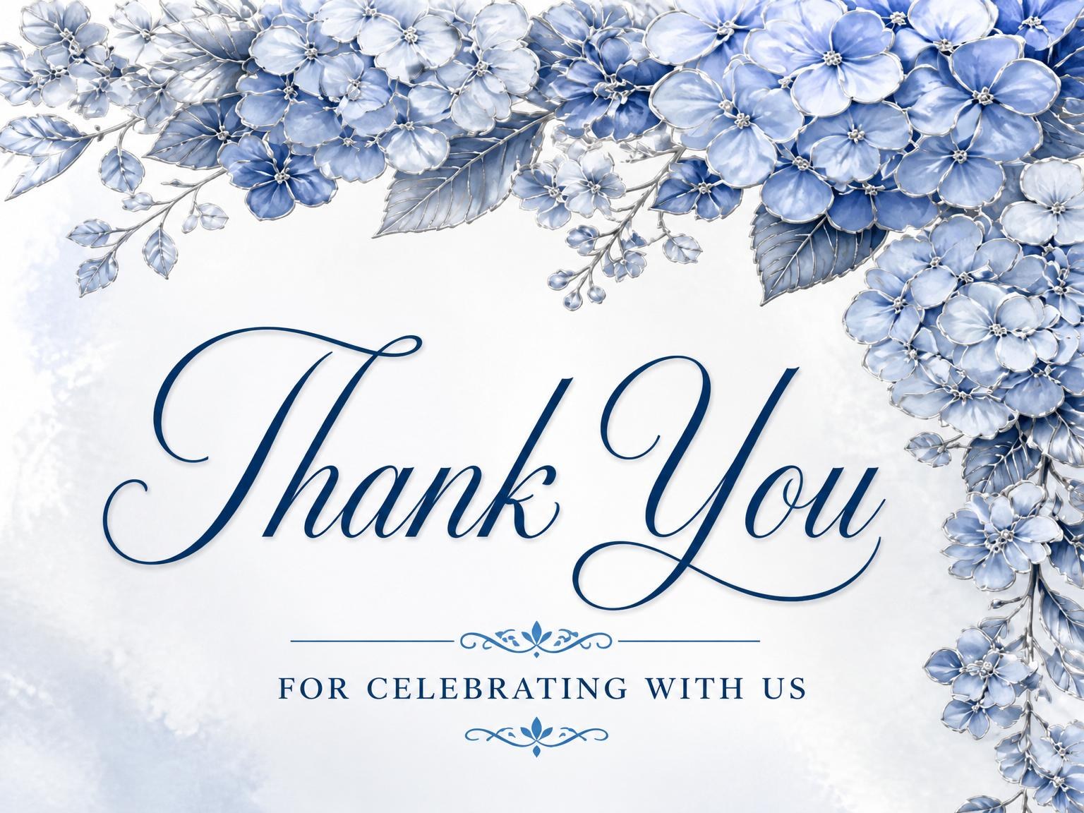 The matching thank-you card for the Blue Hydrangea Silver Bridal Shower invitation