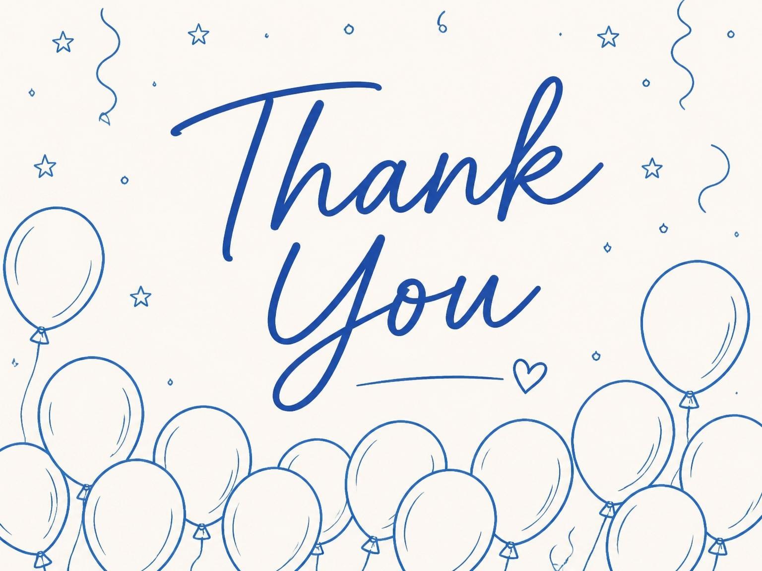 The matching thank-you card for the Blue Balloon Sketch 18th Birthday invitation