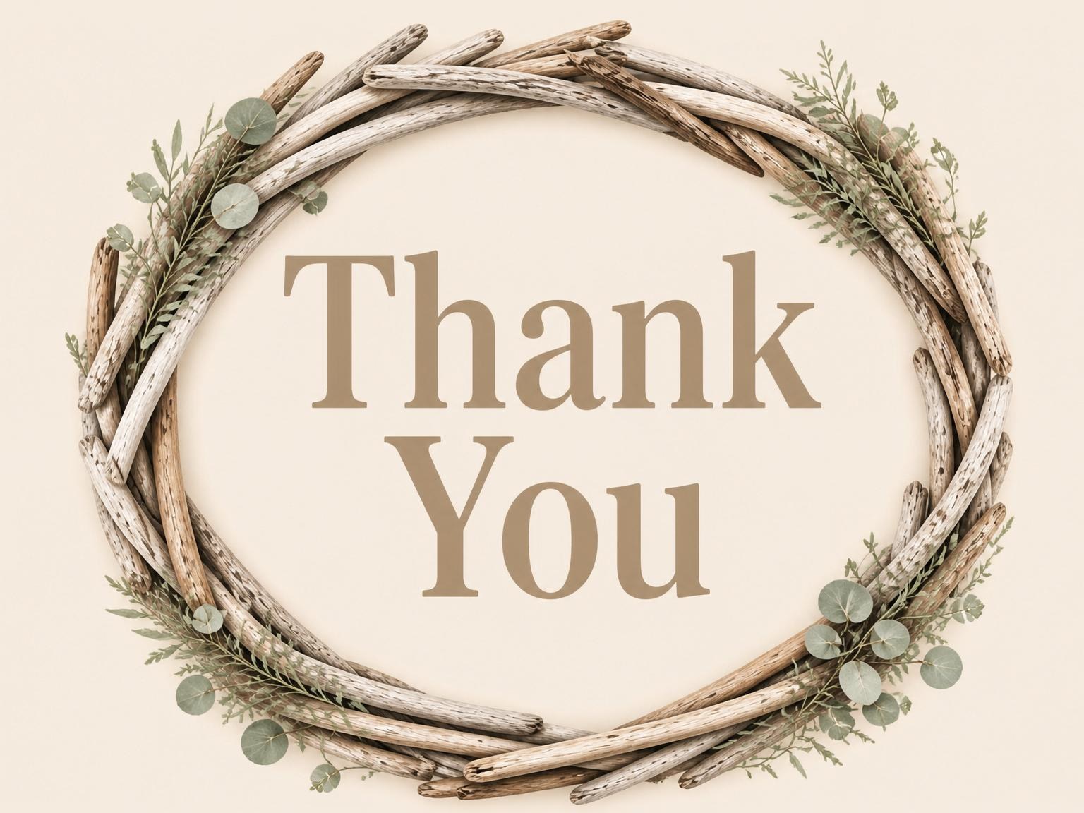 The matching thank-you card for the Driftwood Eucalyptus Wreath Beach Party invitation