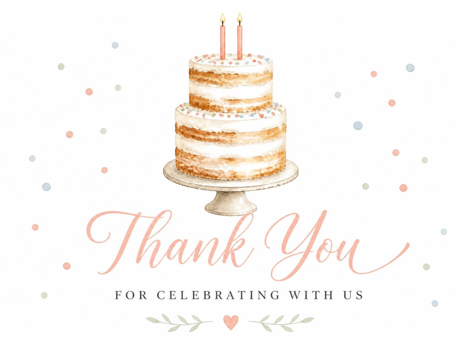The matching thank-you card for the Watercolor Naked Cake 2nd Birthday Invitation invitation