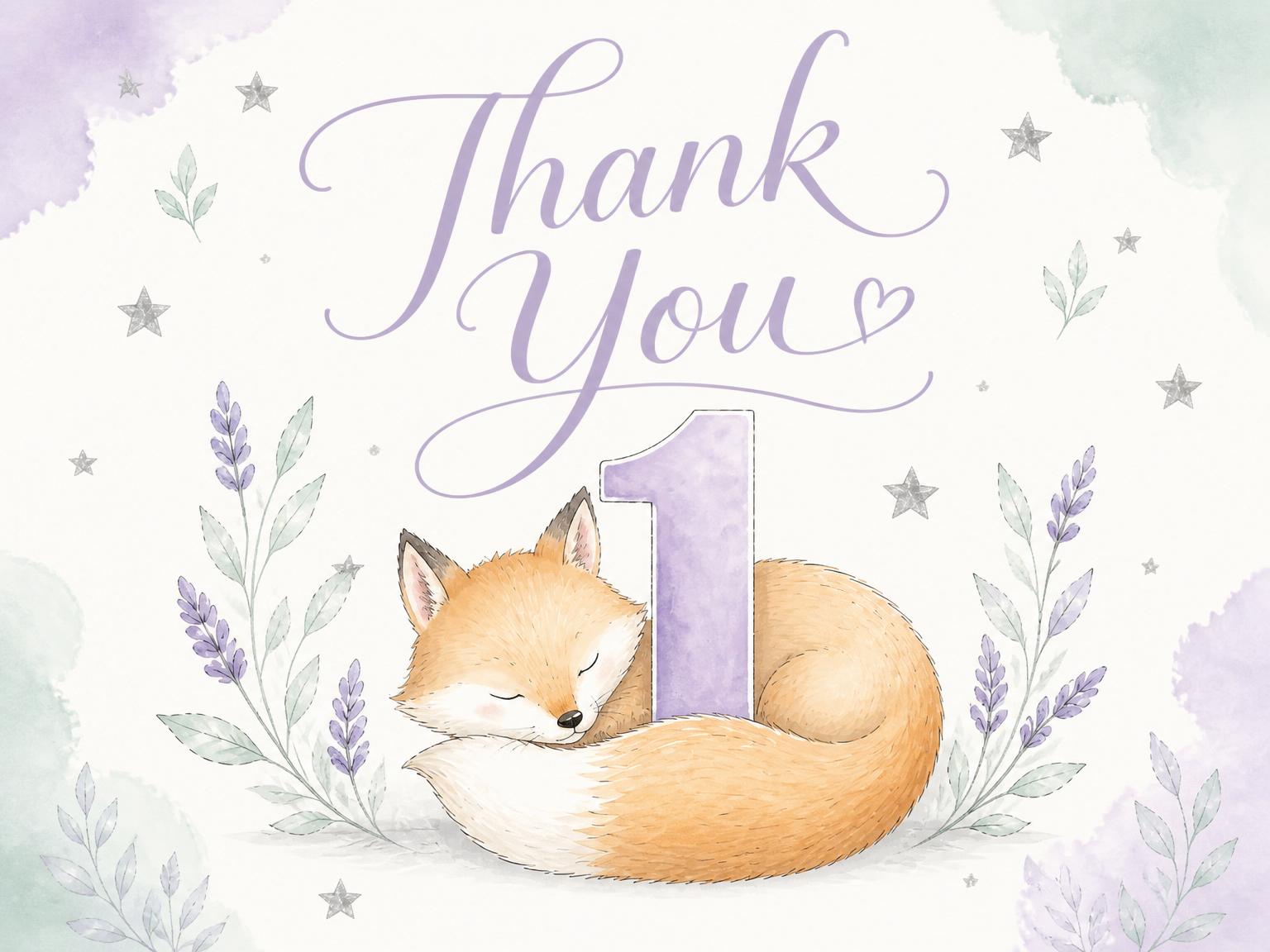 The matching thank-you card for the Dreamy Woodland Fox 1st Birthday invitation