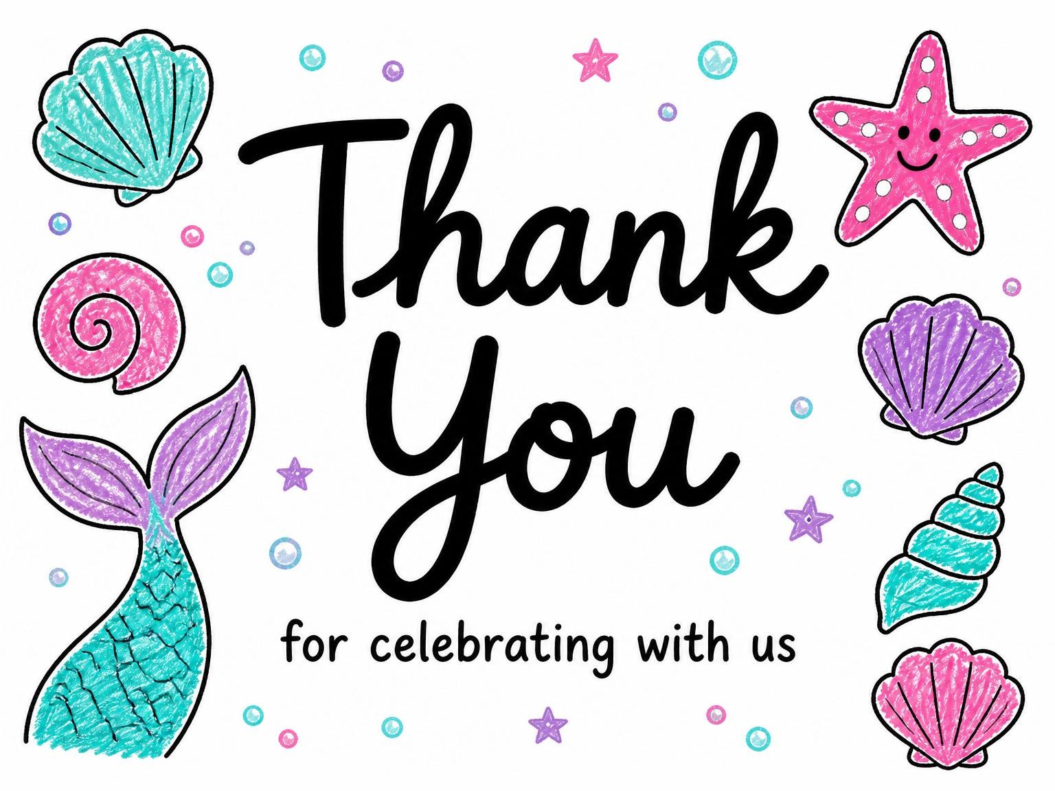 The matching thank-you card for the Crayon Mermaid Sea Creature 5th Birthday invitation
