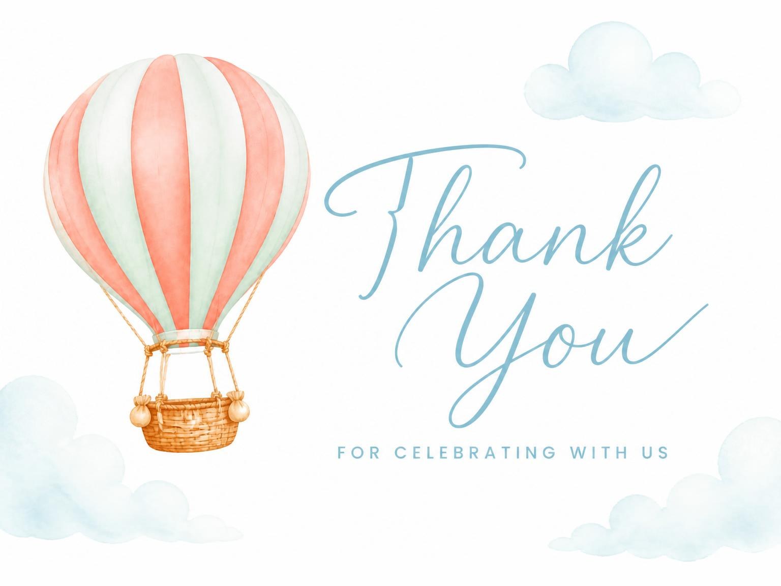 The matching thank-you card for the Peach and Mint Balloon 1st Birthday invitation