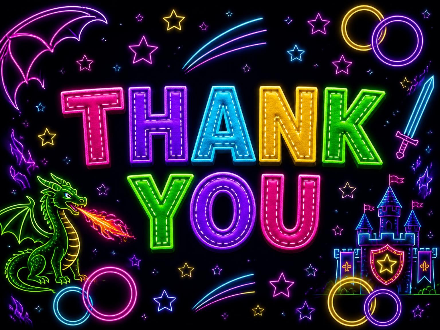 The matching thank-you card for the Neon Dragon 10th Birthday Invitation invitation