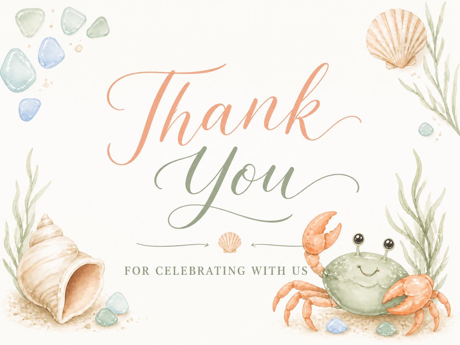 The matching thank-you card for the Coastal Watercolor Crab Baby Shower invitation