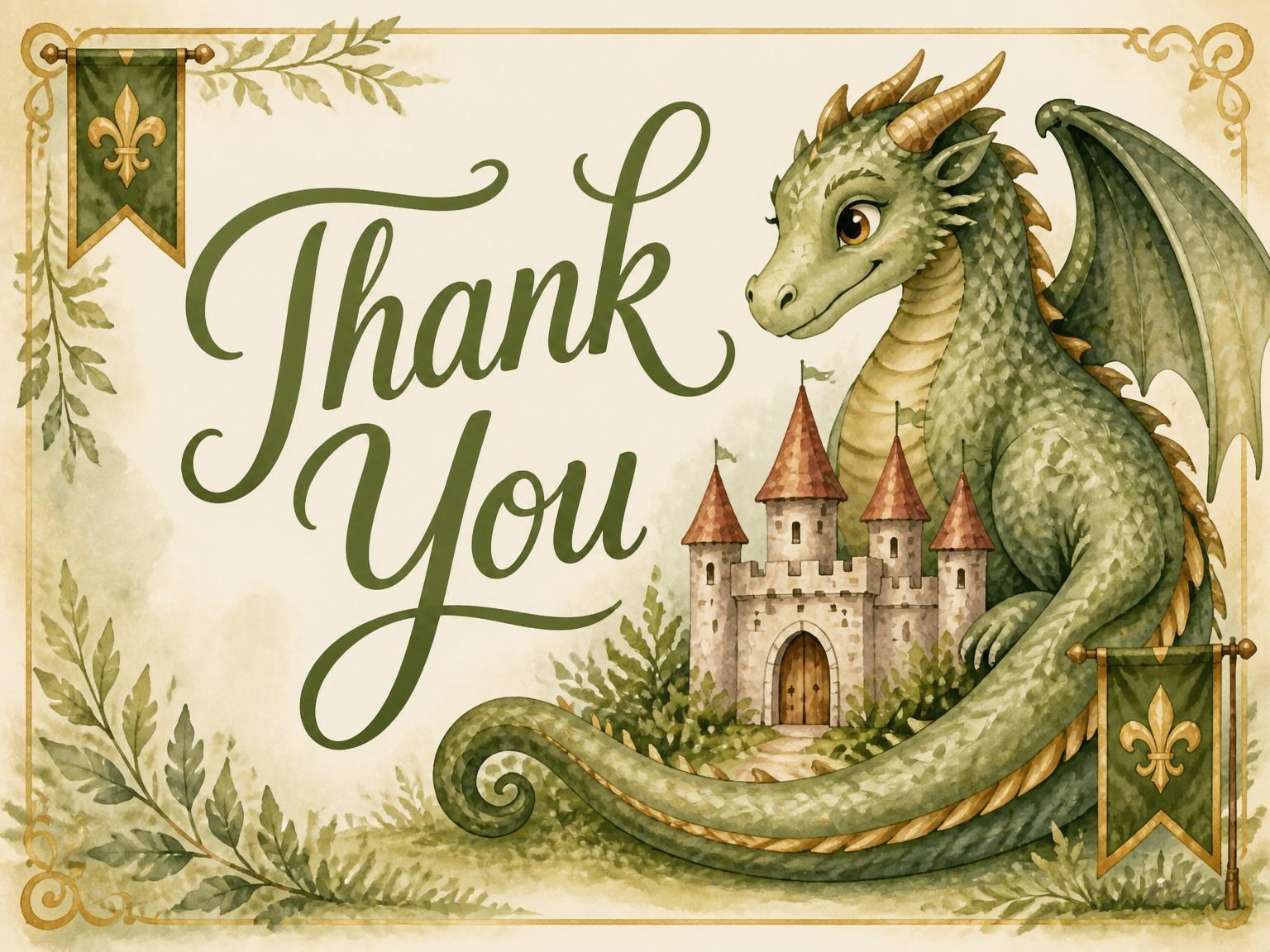 The matching thank-you card for the Watercolor Dragon Castle 6th Birthday invitation