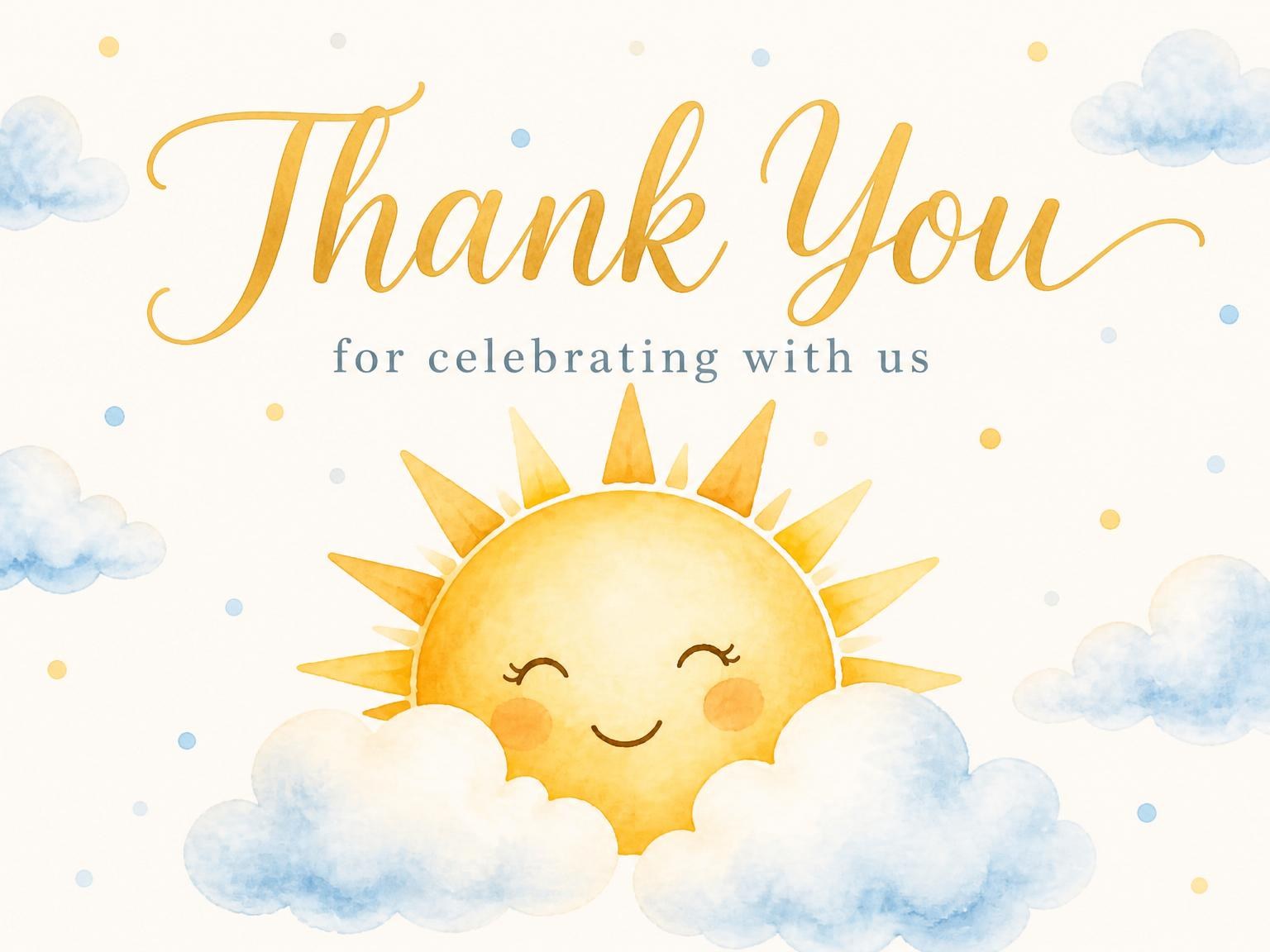 The matching thank-you card for the Watercolor Sun and Clouds 1st Birthday invitation