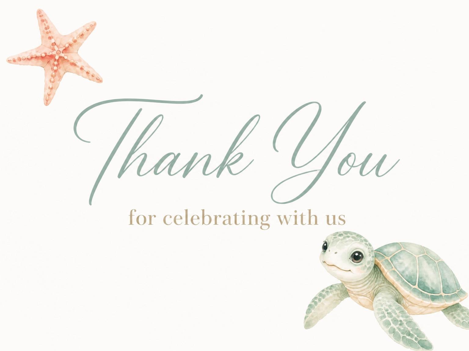 The matching thank-you card for the Green Watercolor Sea Turtle Baby Shower invitation