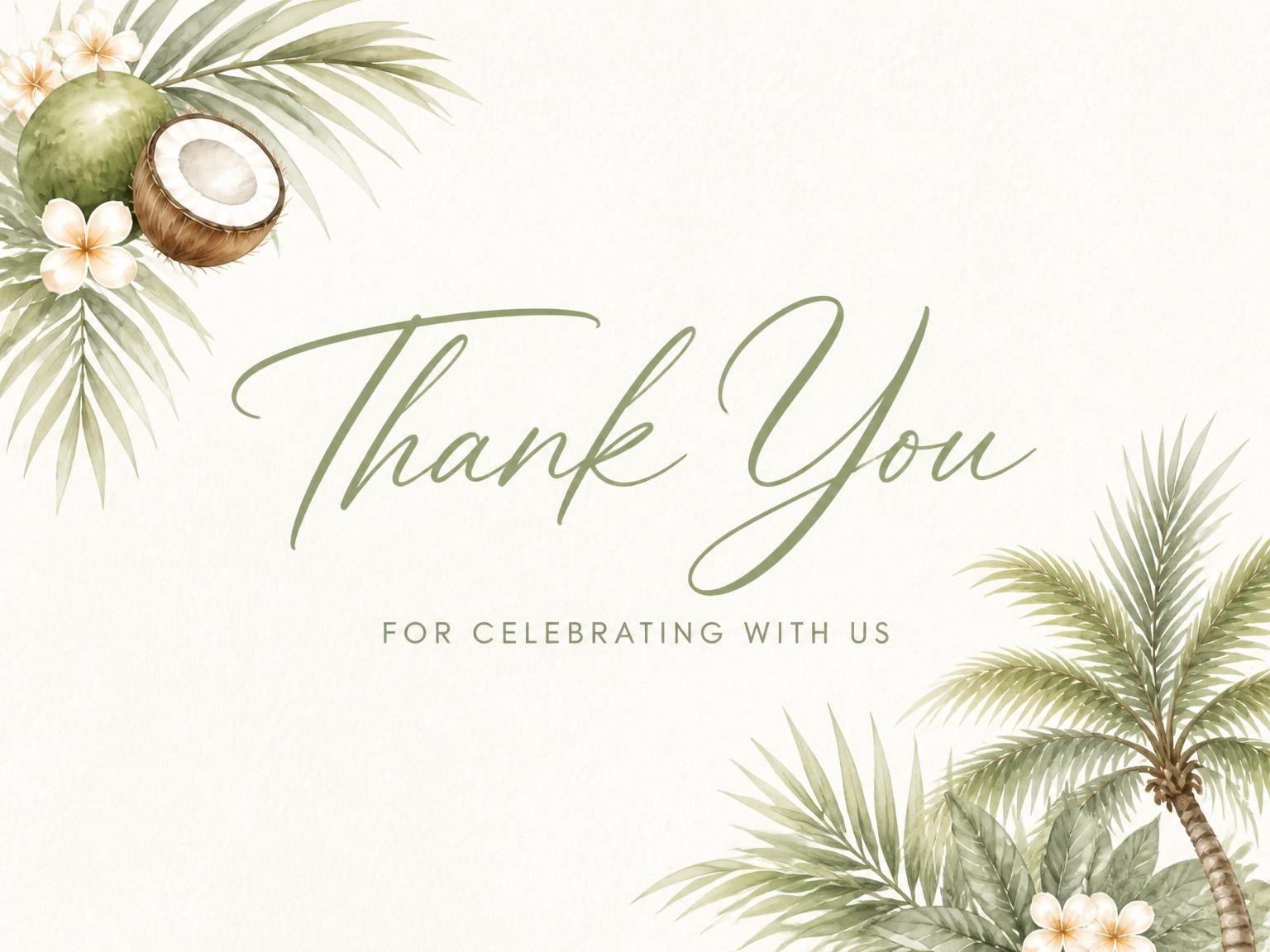 The matching thank-you card for the Watercolor Palm Tropical Baby Shower invitation