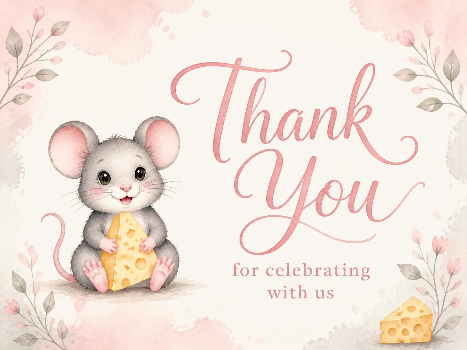 The matching thank-you card for the Pink Watercolor Mouse 1st Birthday invitation