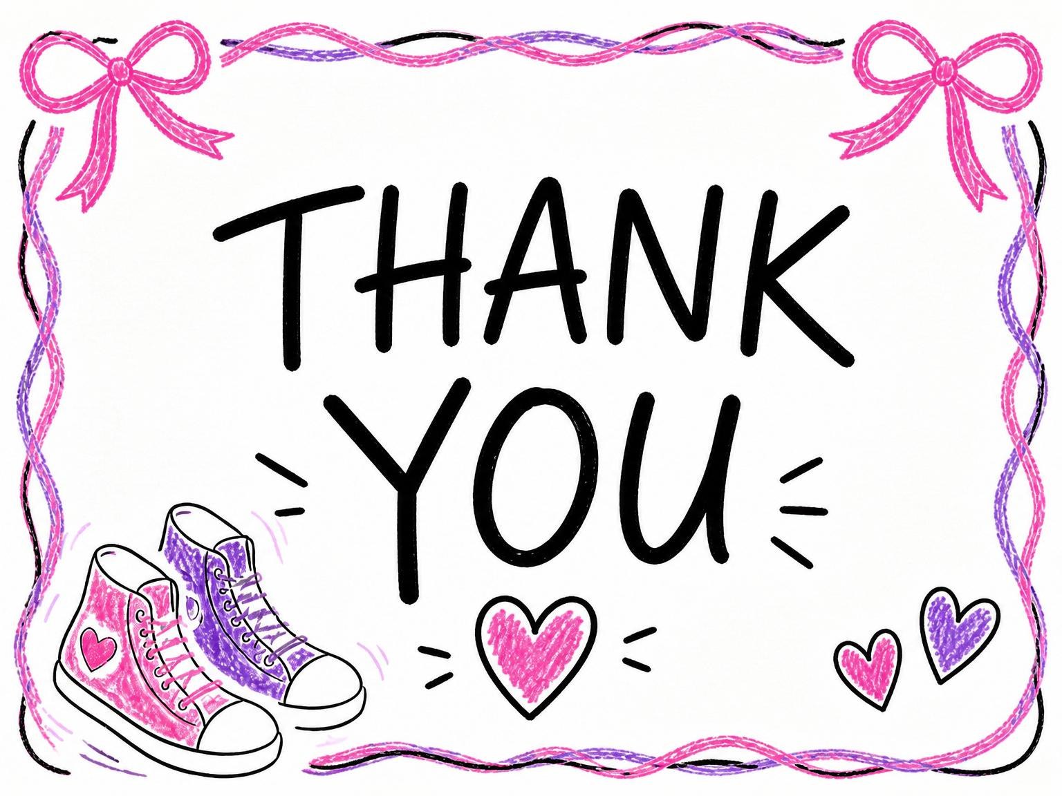 The matching thank-you card for the Pink Crayon Sneaker 7th Birthday Invitation invitation