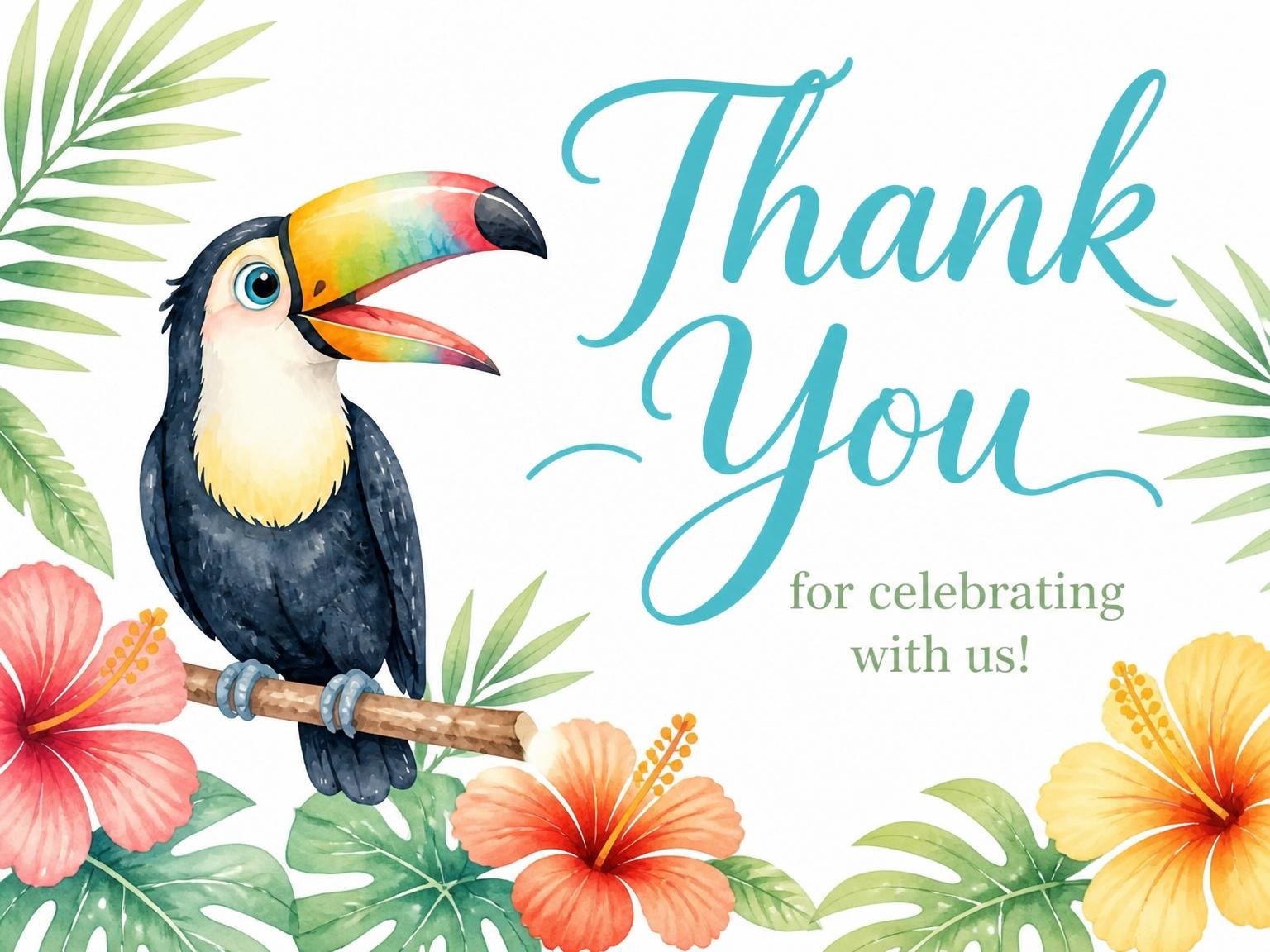 The matching thank-you card for the Watercolor Toucan Tropical 4th Birthday Invitation invitation