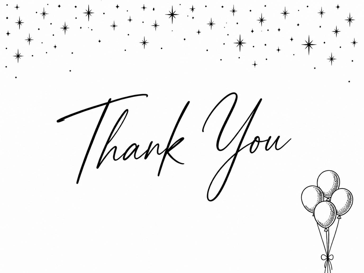 The matching thank-you card for the Black and White Stars 21st Birthday invitation
