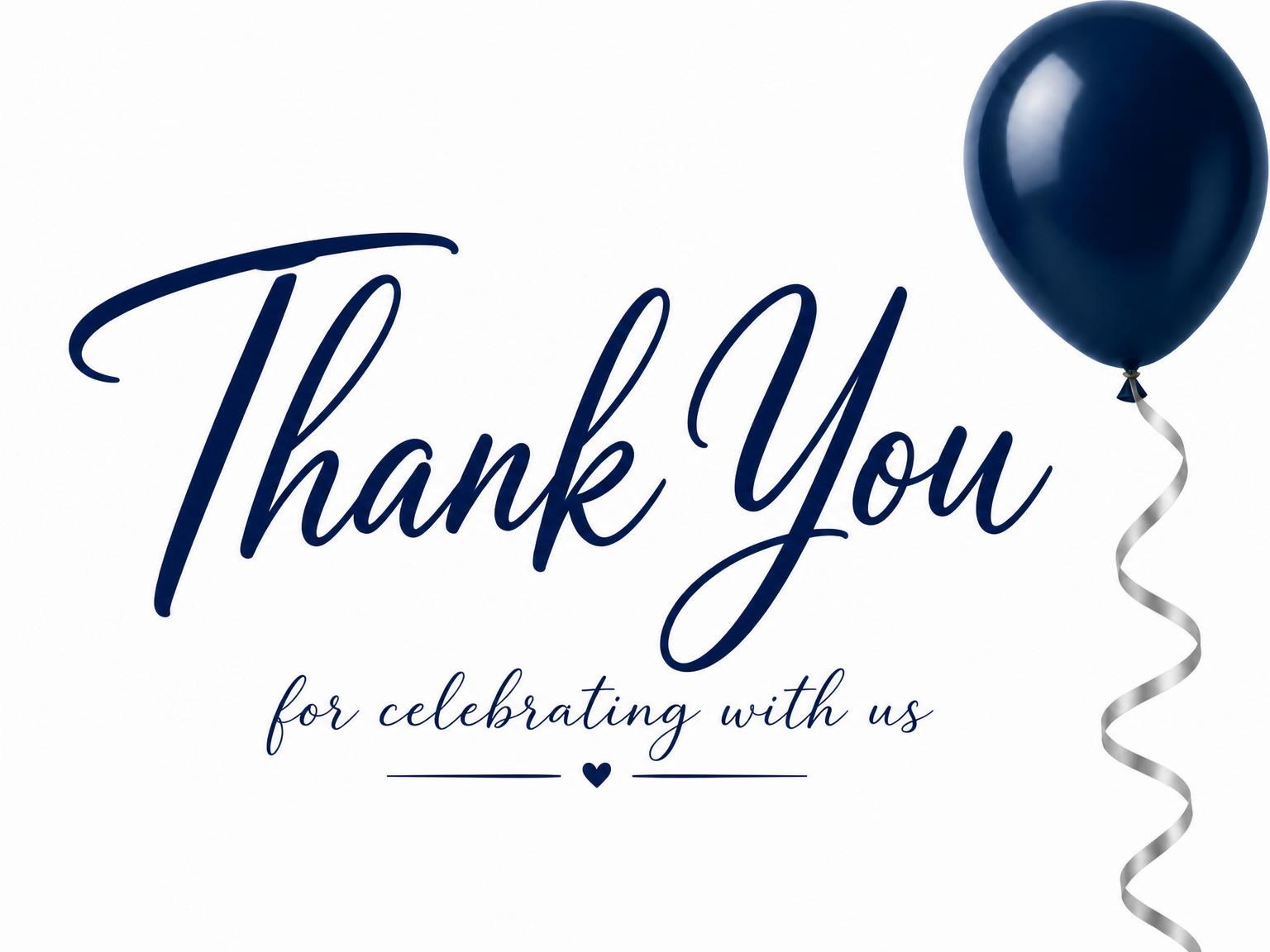 The matching thank-you card for the Navy Balloon Silver Ribbon 30th Birthday invitation