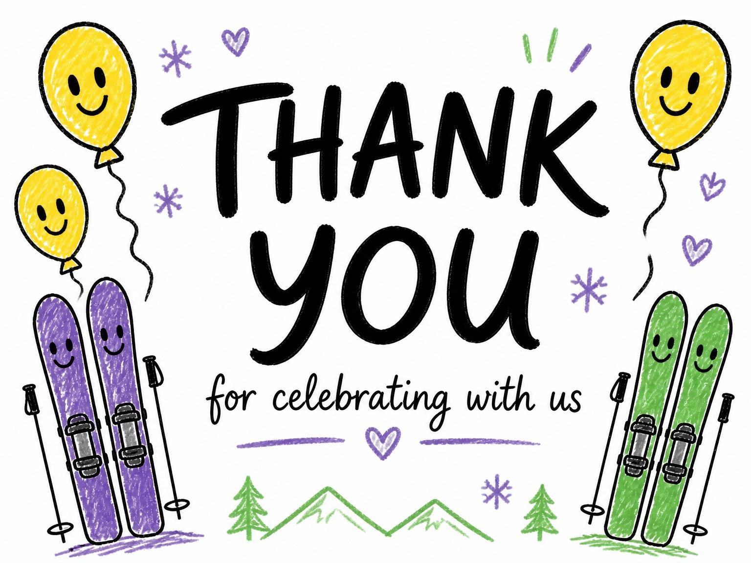 The matching thank-you card for the Crayon Ski Winter 8th Birthday Invitation invitation