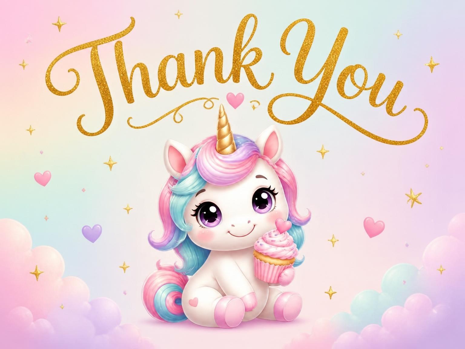 The matching thank-you card for the Pastel Unicorn Cupcake 5th Birthday invitation
