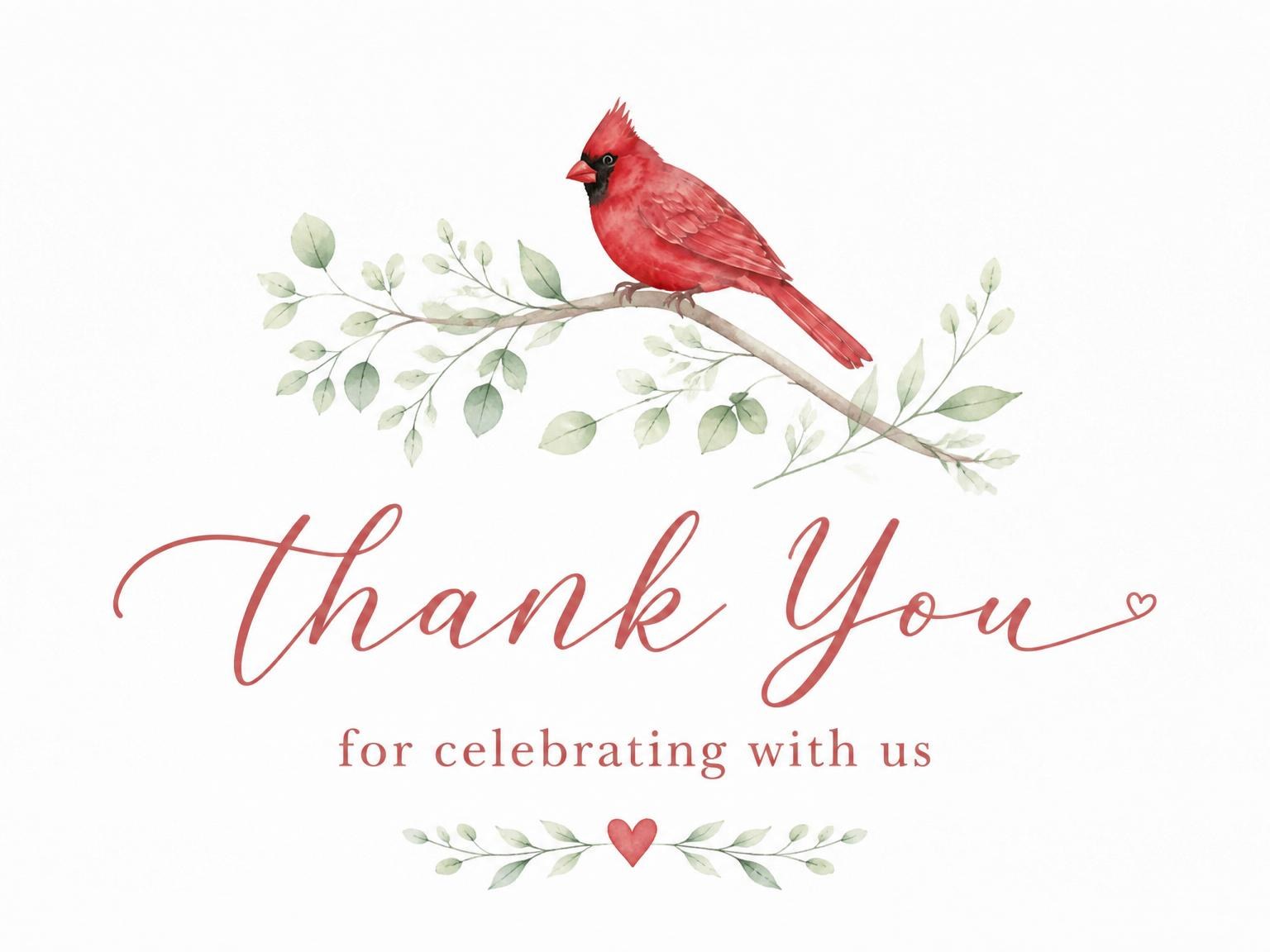 The matching thank-you card for the Watercolor Cardinal Botanical 3rd Birthday invitation