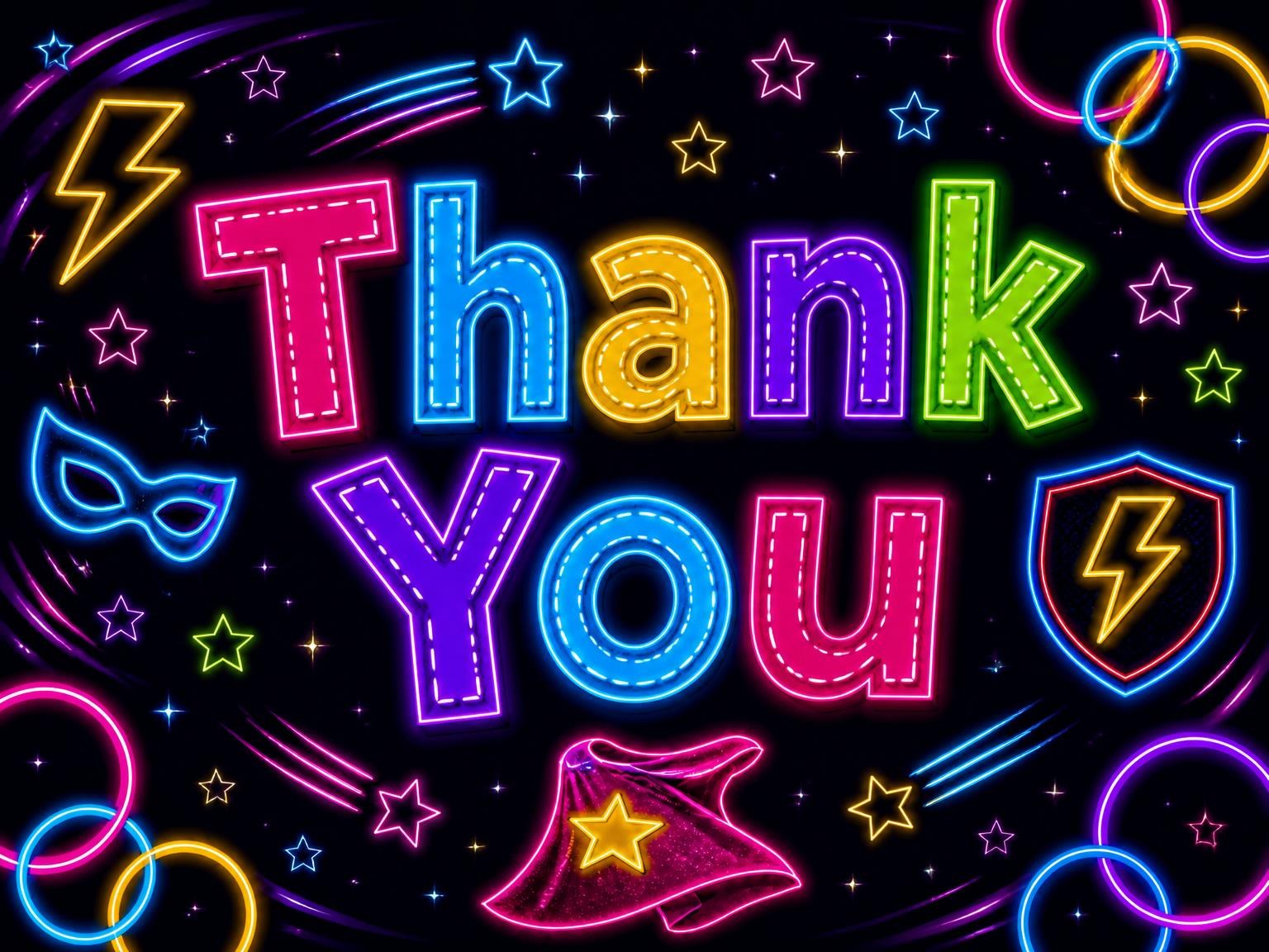 The matching thank-you card for the Neon Superhero 9th Birthday Invitation invitation