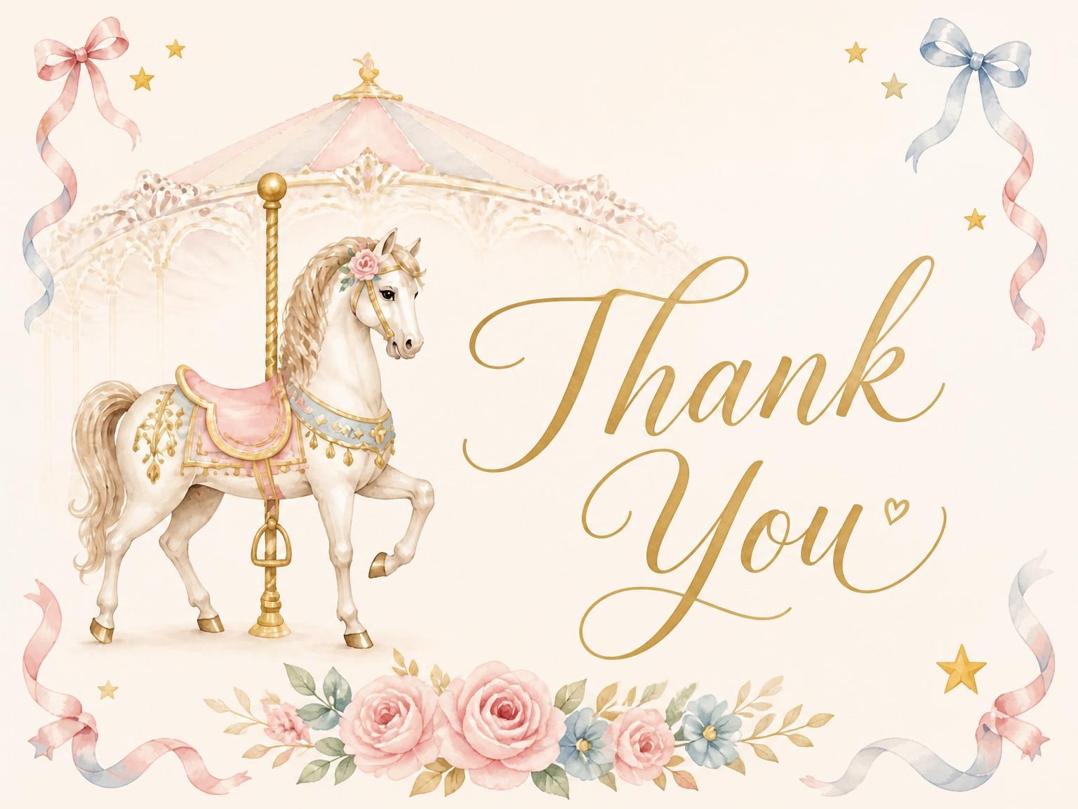 The matching thank-you card for the Pastel Watercolor Carousel 1st Birthday invitation