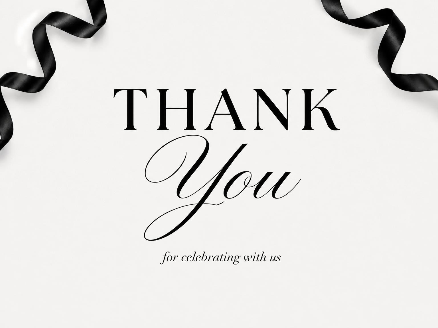 The matching thank-you card for the Classic Black Velvet Bow Milestone Invitation invitation