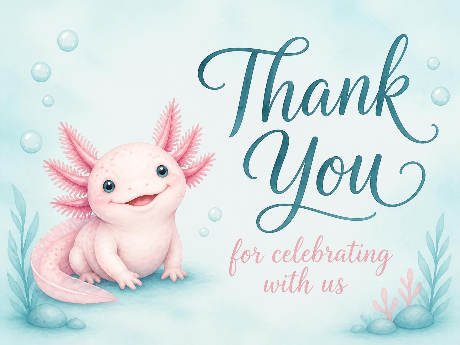 The matching thank-you card for the Watercolor Axolotl 4th Birthday Invitation invitation
