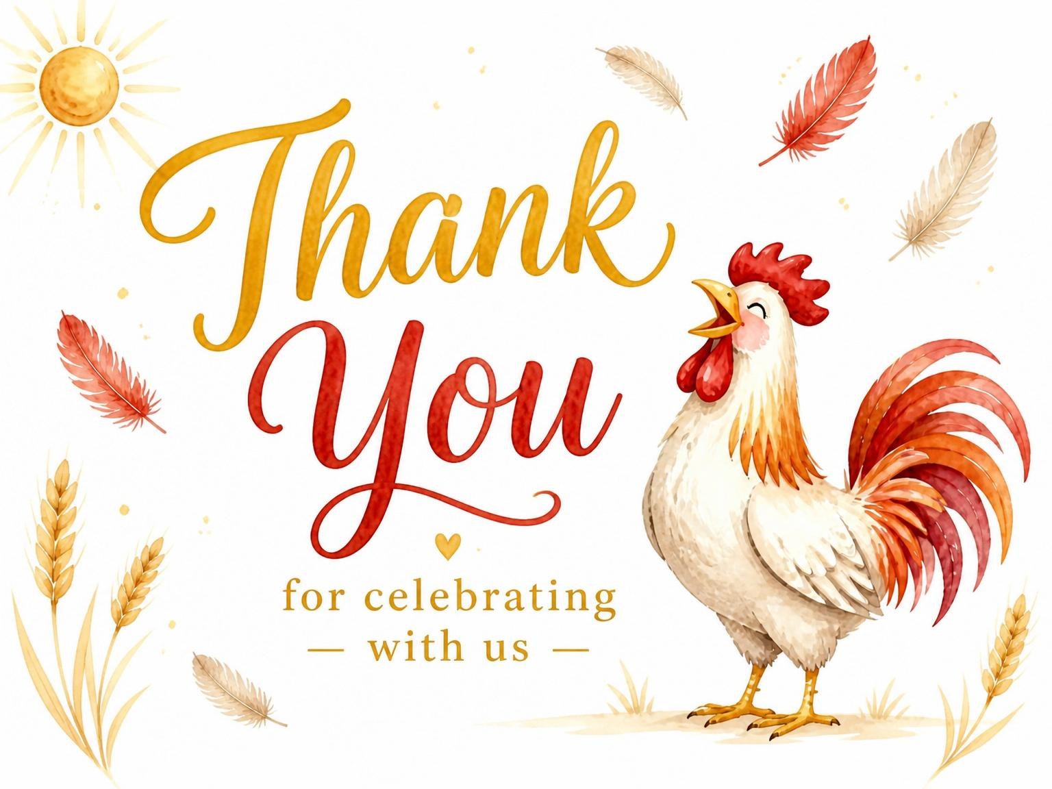 The matching thank-you card for the Watercolor Rooster Farm 1st Birthday invitation