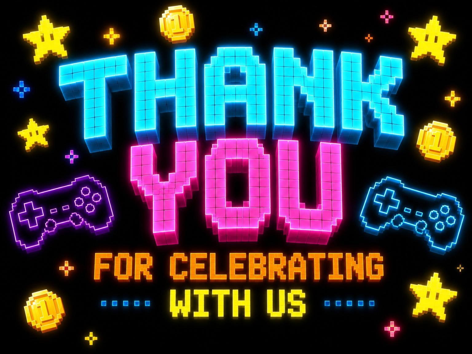 The matching thank-you card for the Neon Pixel Arcade 6th Birthday Invitation invitation