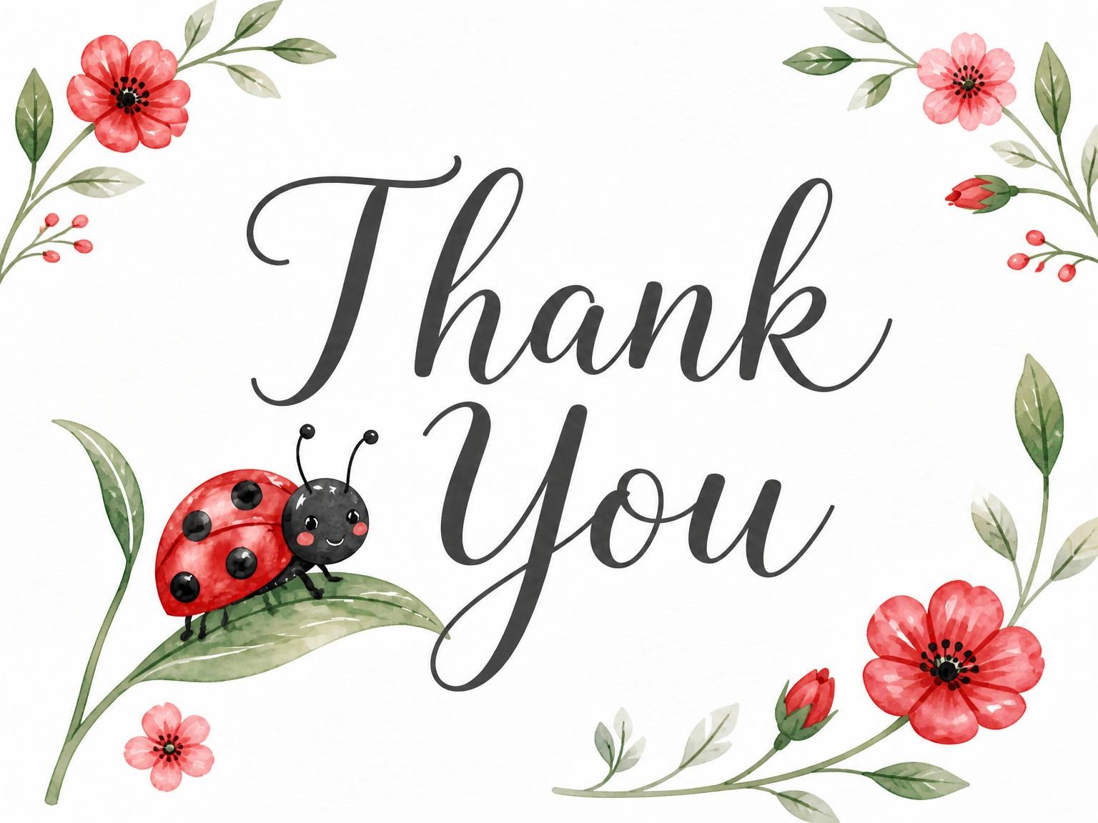 The matching thank-you card for the Watercolor Ladybug Floral First Birthday invitation