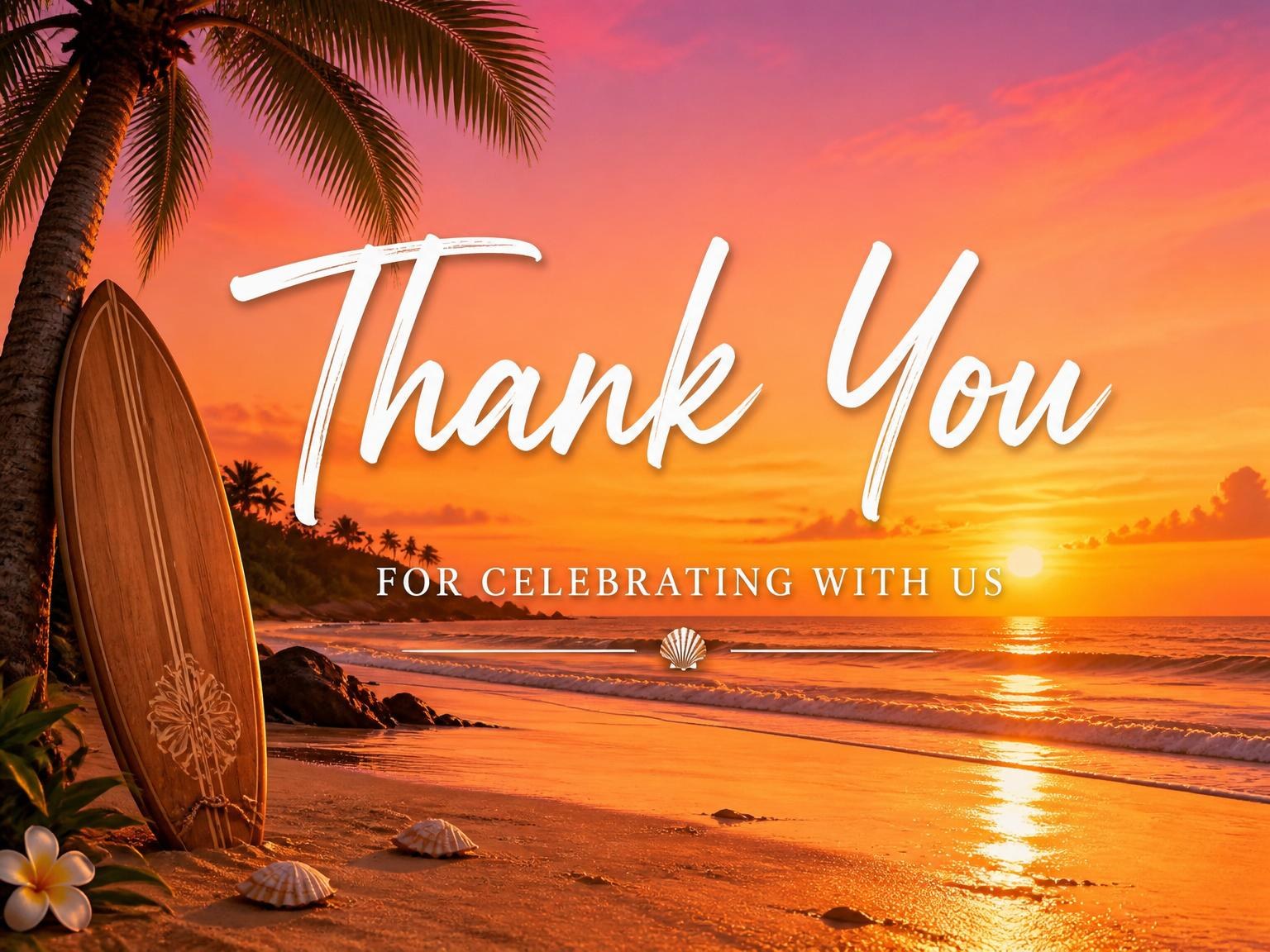 The matching thank-you card for the Tropical Sunset Surfboard Beach 7th Birthday invitation