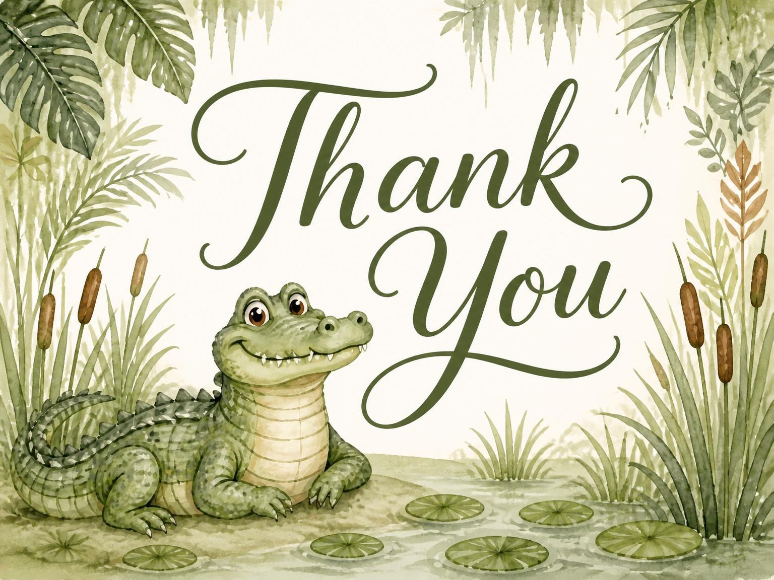 The matching thank-you card for the Watercolor Crocodile Marsh 5th Birthday invitation